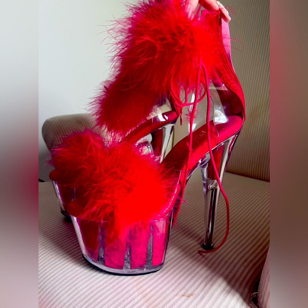 6 inch faux fur red heels